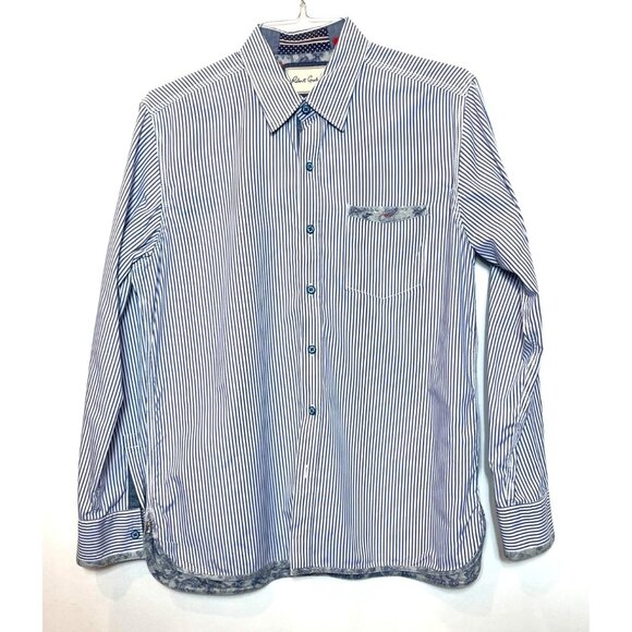 Robert Graham Blue Pinstripe Button Down Shirt Paisley Contrast Size Large - Picture 2 of 13
